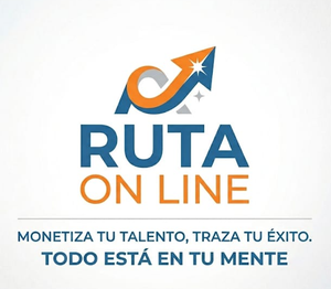 Logo de RUTA ON LINE en azul y naranja con lema: “Monetiza tu talento, traza tu éxito. Todo está en tu mente”.