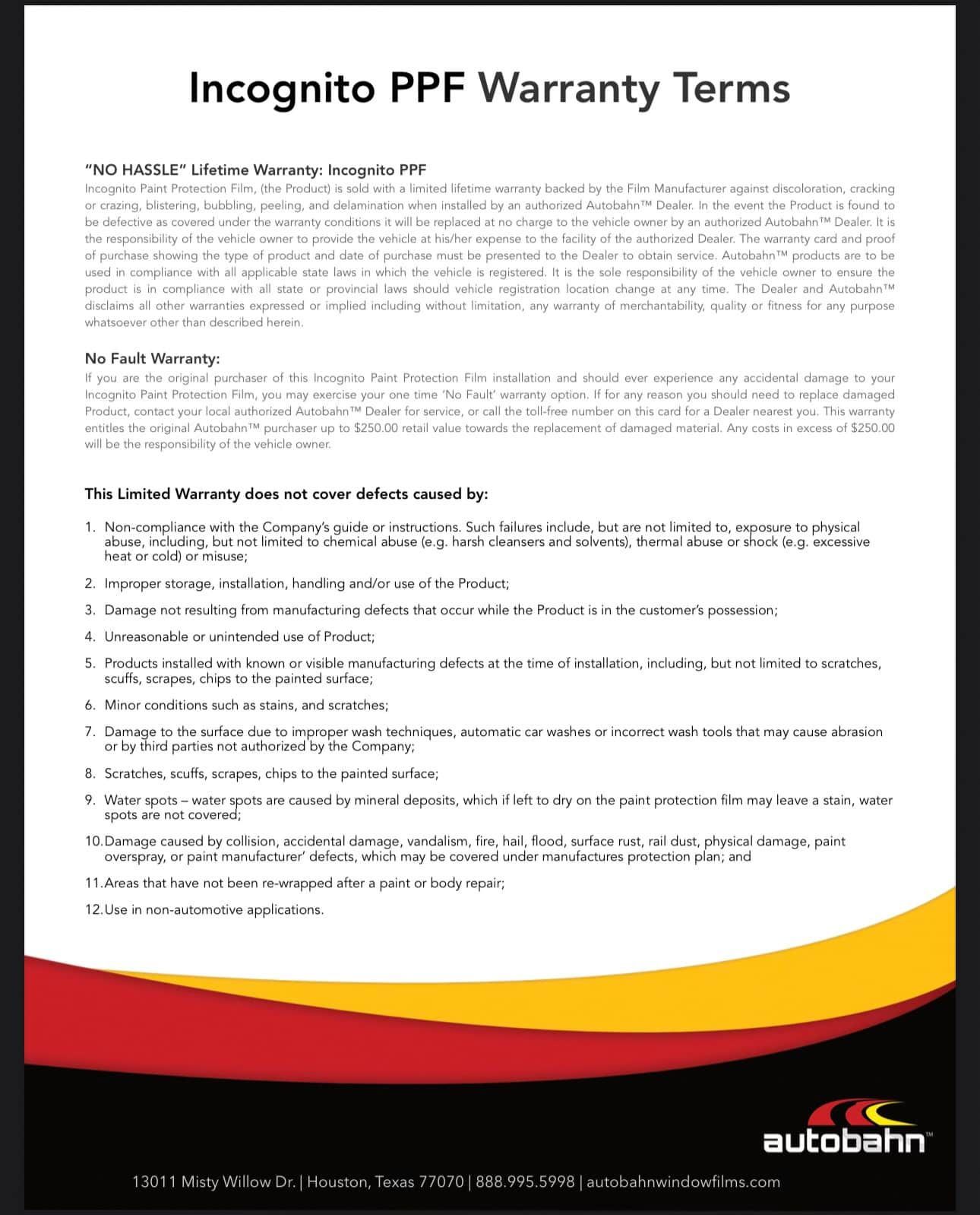 A page of a document titled incognito ppf warranty terms.