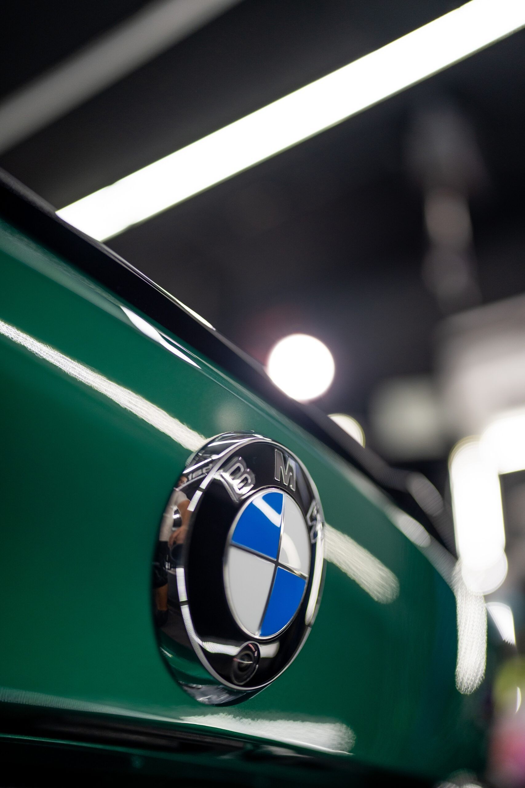 A close up of a bmw logo on a green car