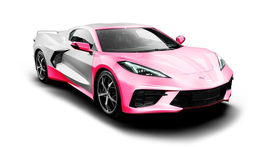 A pink and white corvette is on a white background.