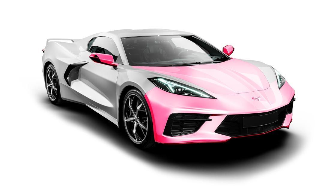 A pink corvette is on a white background.