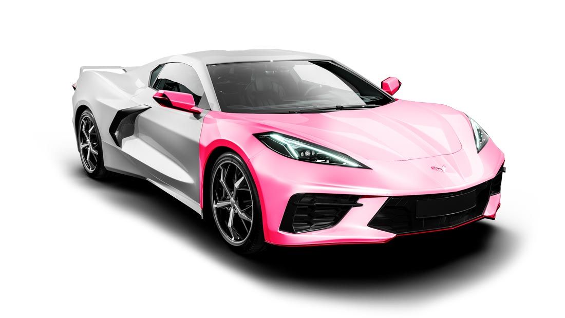 A pink and white sports car on a white background.