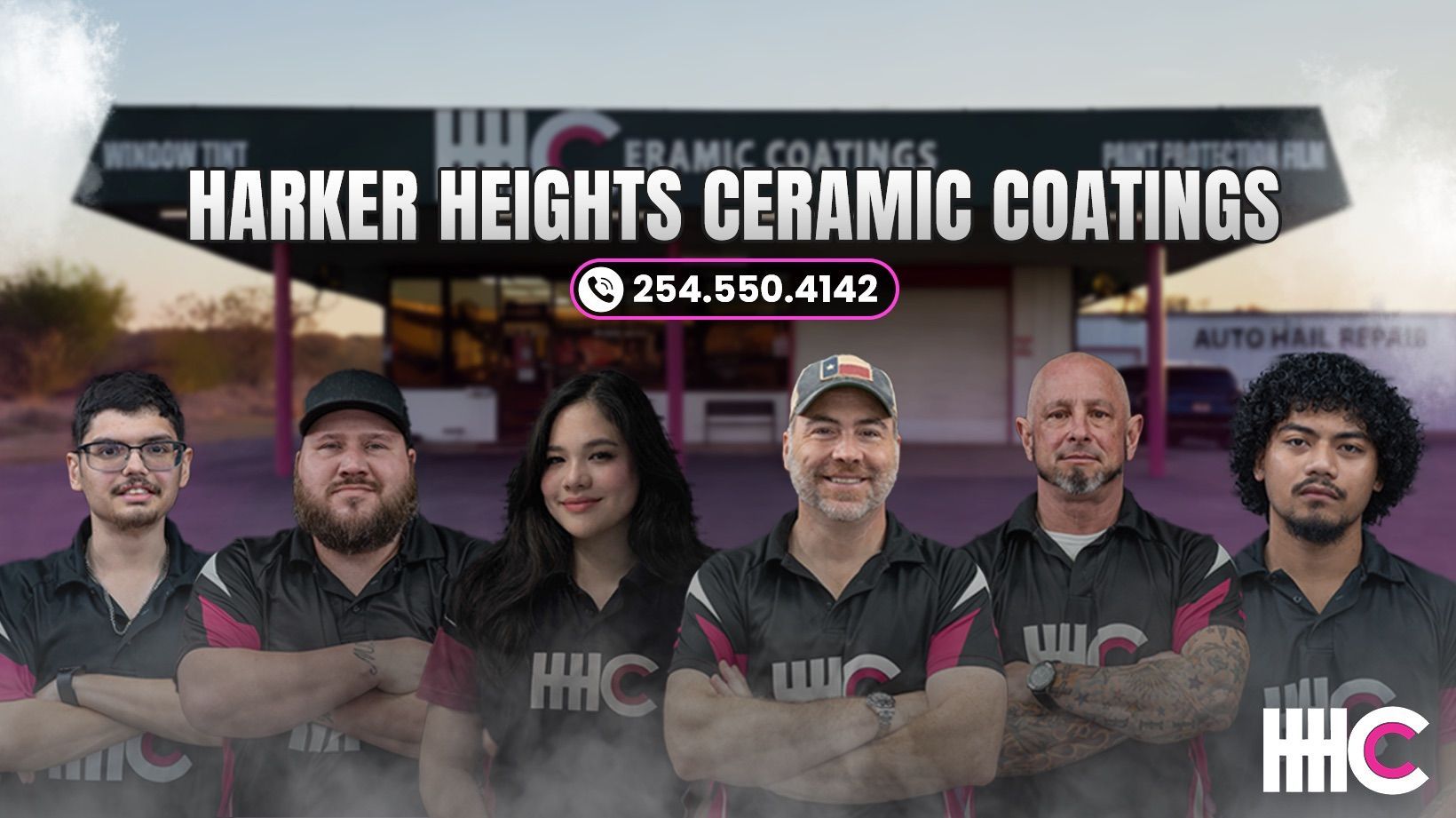 Harker Heights Ceramic Coatings storefront with six people in work shirts, arms crossed. Phone number: 254.550.4142.
