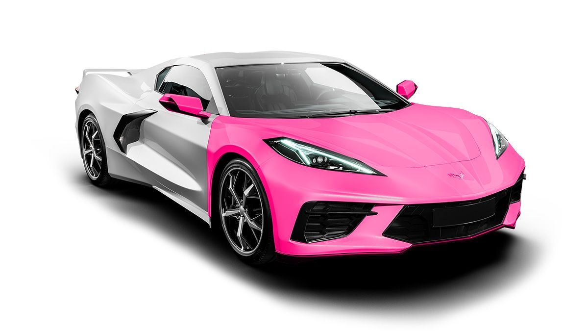 A pink and white sports car on a white background.