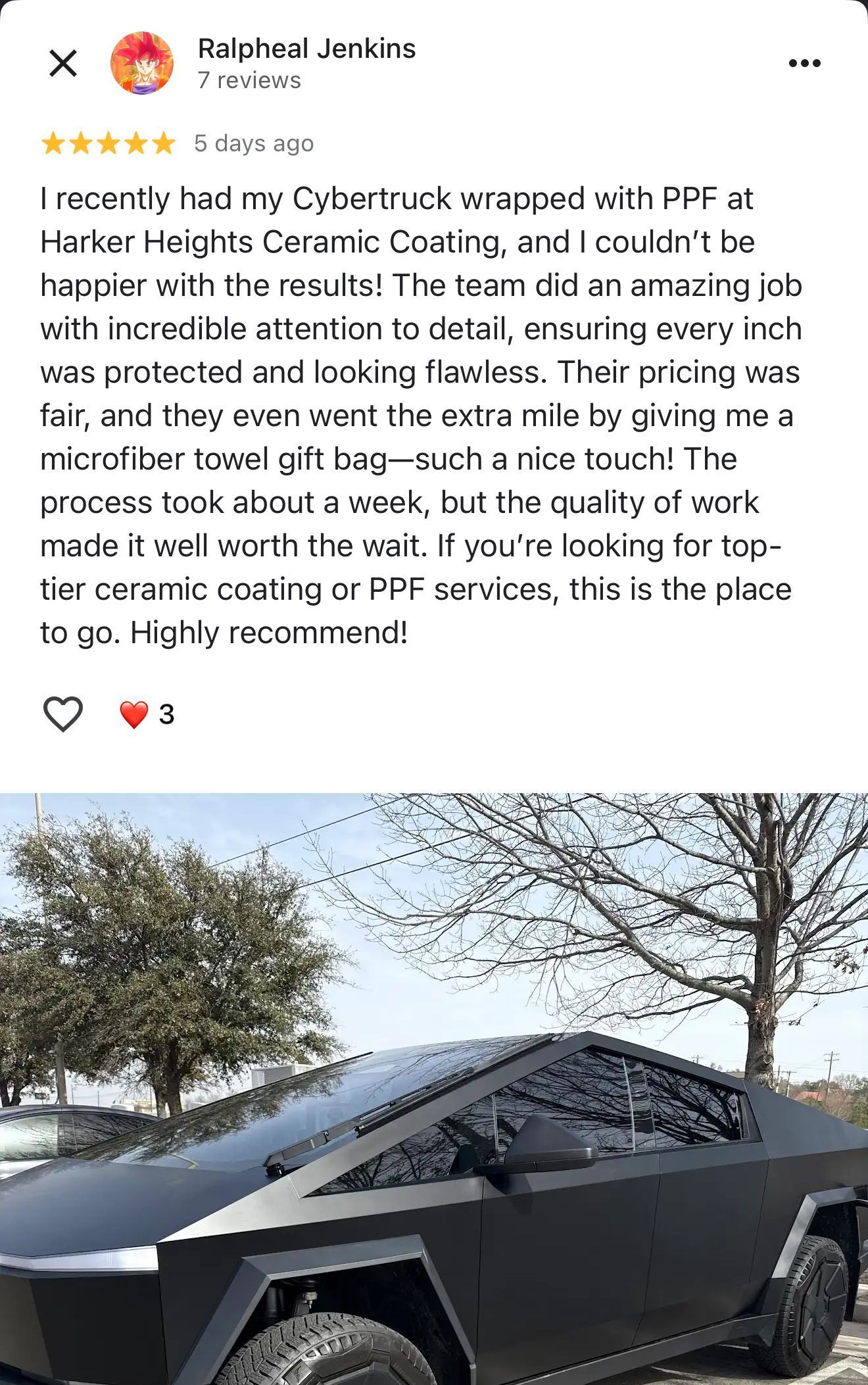 Tesla Cybertruck review with car photo, black color, outdoor setting. Review details in the text.