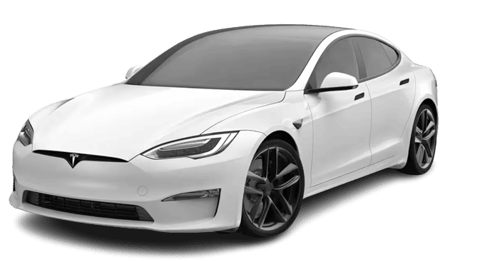 A white tesla model s is shown on a white background.