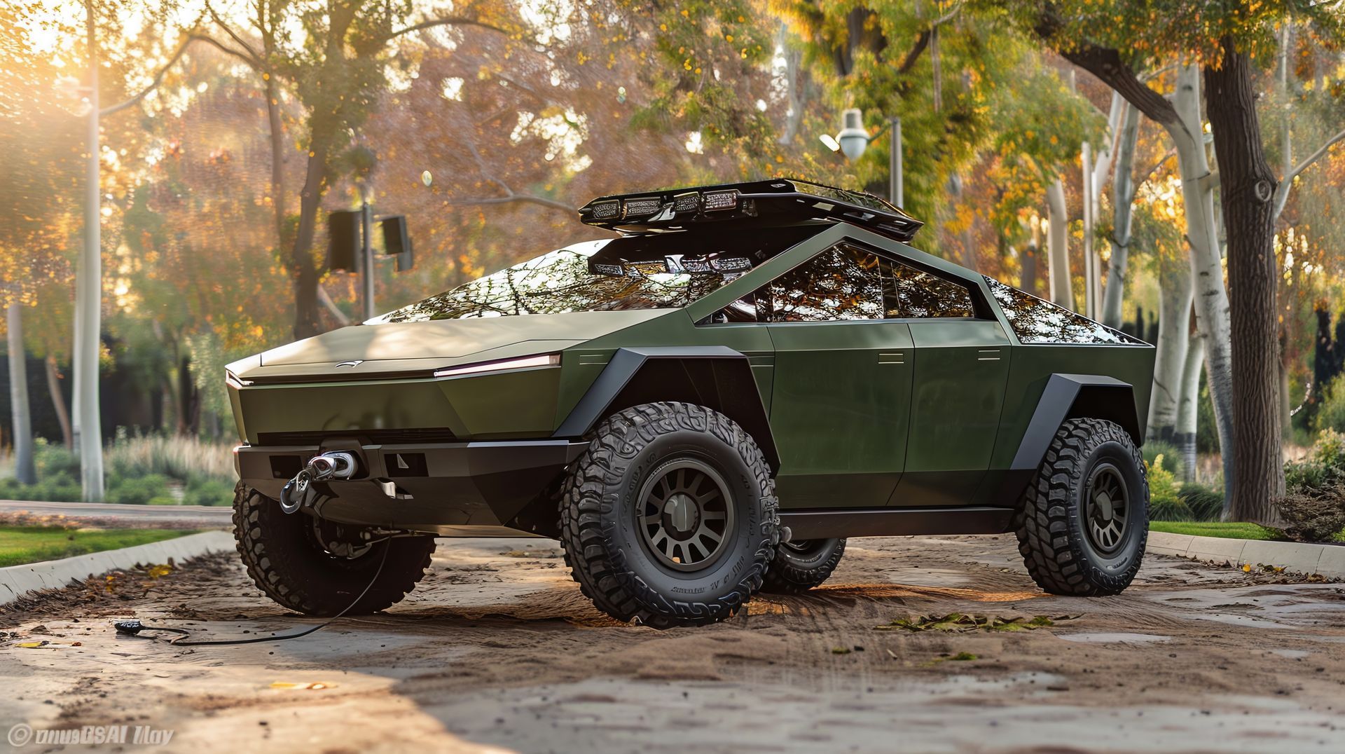 A green tesla cybertruck is parked on a dirt road in a park.