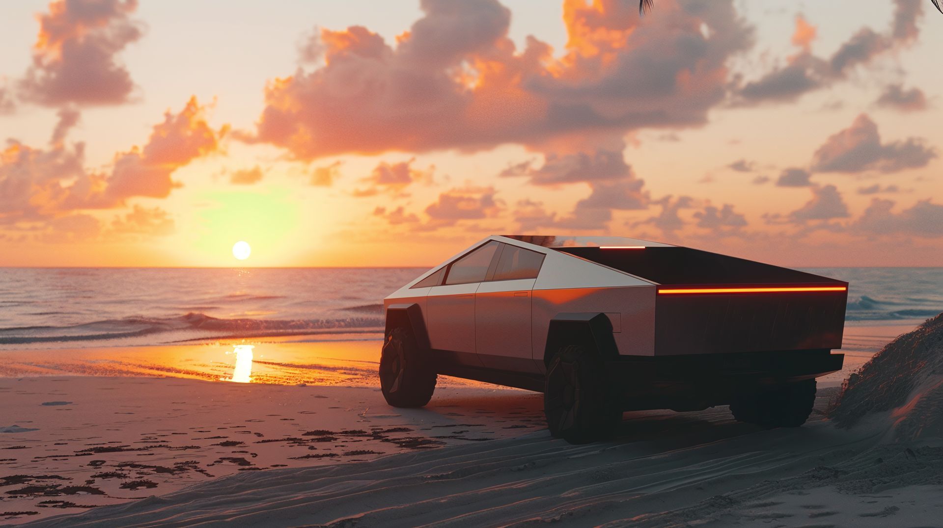 A tesla cybertruck is parked on the beach at sunset.