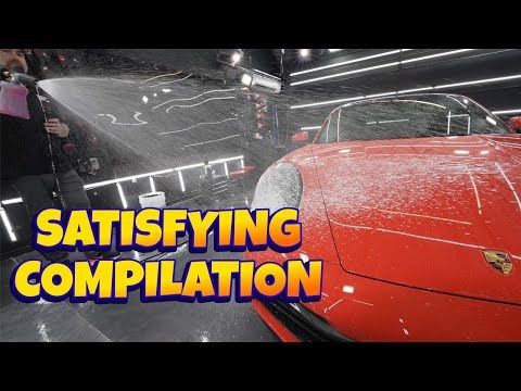 A man is washing a red sports car with a spray bottle.
