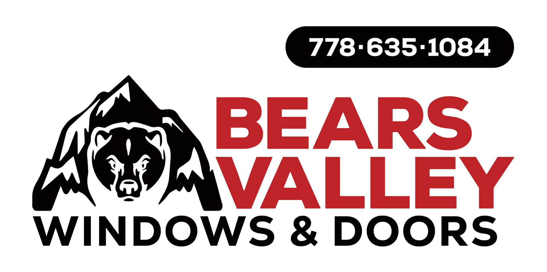 Logo for Bear Valley Windows & Doors: bear in front of mountain, blue text.