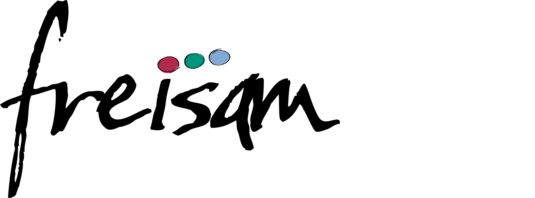 Das Wort „freisam“ in schwarzer Schrift über drei farbigen Kreisen.