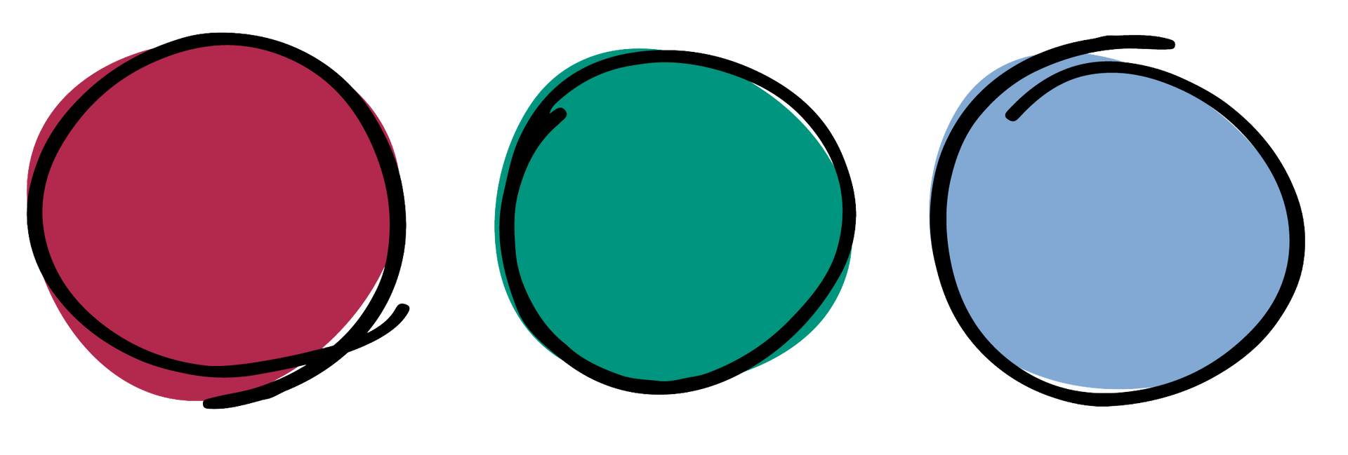 Drei bunte, handgezeichnete Kreise: rot, türkis und hellblau.