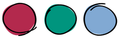 Drei bunte, handgezeichnete Kreise: rot, türkis und hellblau.