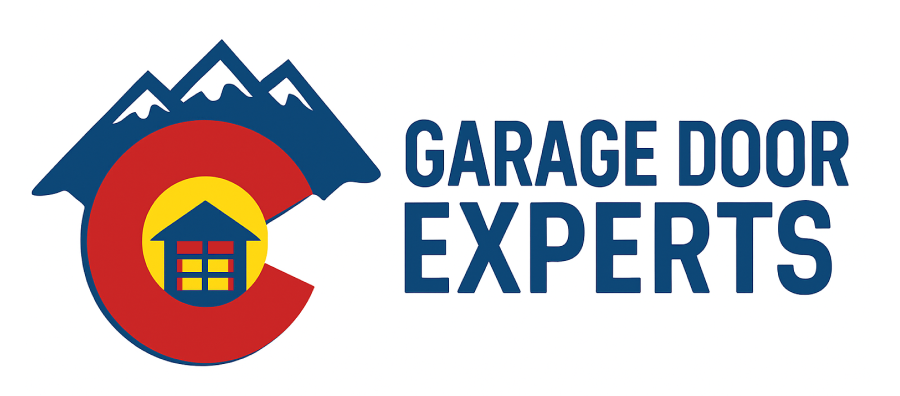 Logo for Garage Door Experts featuring a Colorado flag with a house graphic and text "GARAGE DOOR EXPERTS."