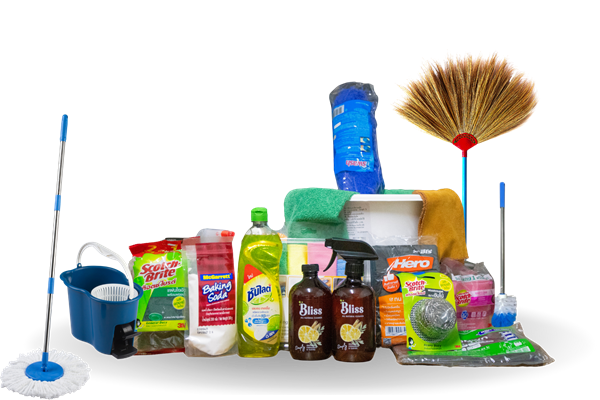 A vacuum cleaner is surrounded by cleaning supplies including a mop