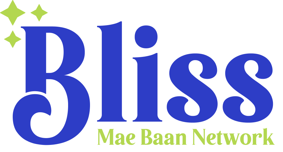 A blue and green logo for bliss mae baan network