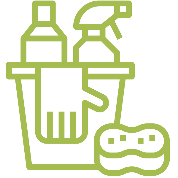 A green line icon of a bucket filled with cleaning supplies.