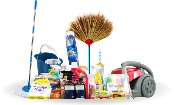 A bunch of cleaning supplies including a vacuum cleaner and a mop