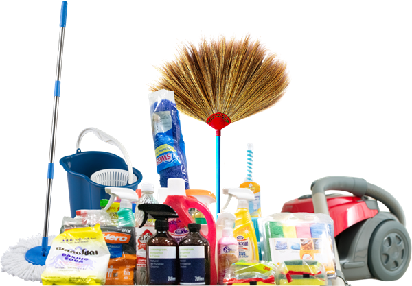 A vacuum cleaner is surrounded by cleaning supplies including a mop