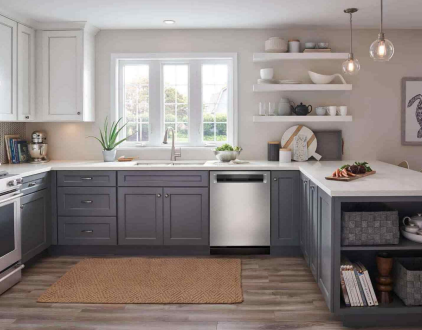 An empty room with a wooden ladder in the middle.