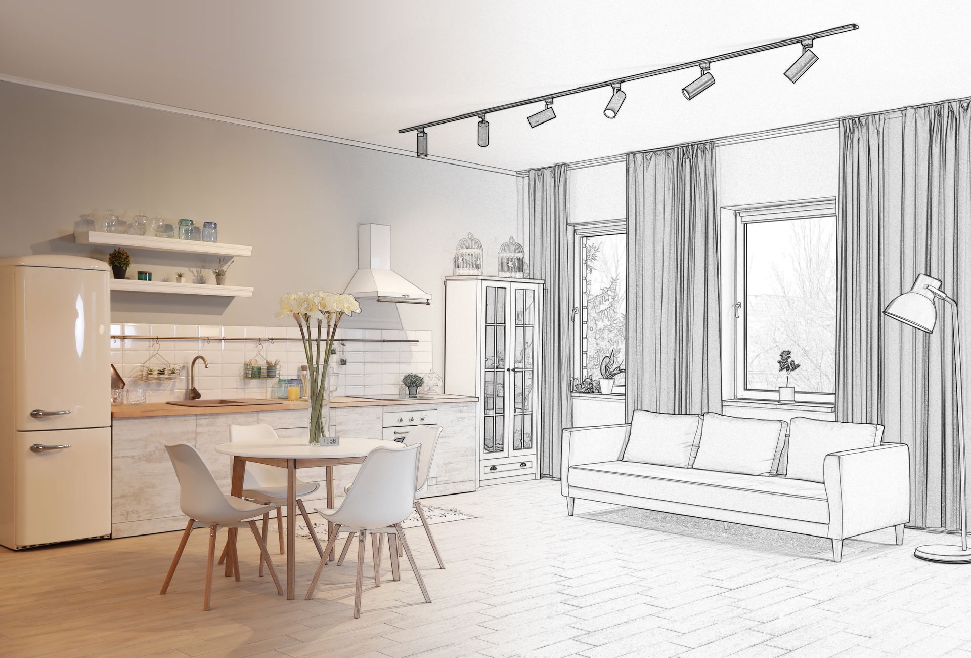 An empty room with a wooden ladder in the middle.