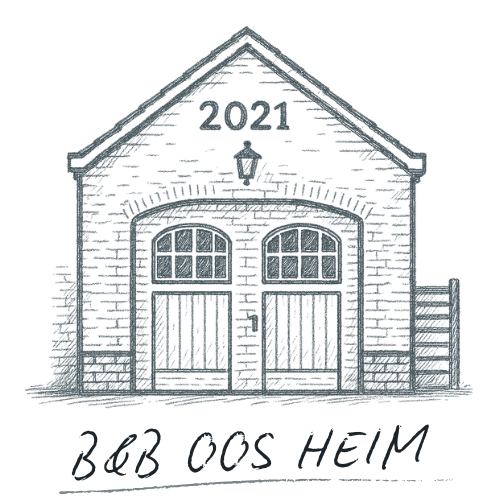 Een zwart-wit tekening van een bakstenen gebouw met houten deuren en ramen.