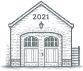 Een zwart-wit tekening van een garage met het jaartal 2021 erop.