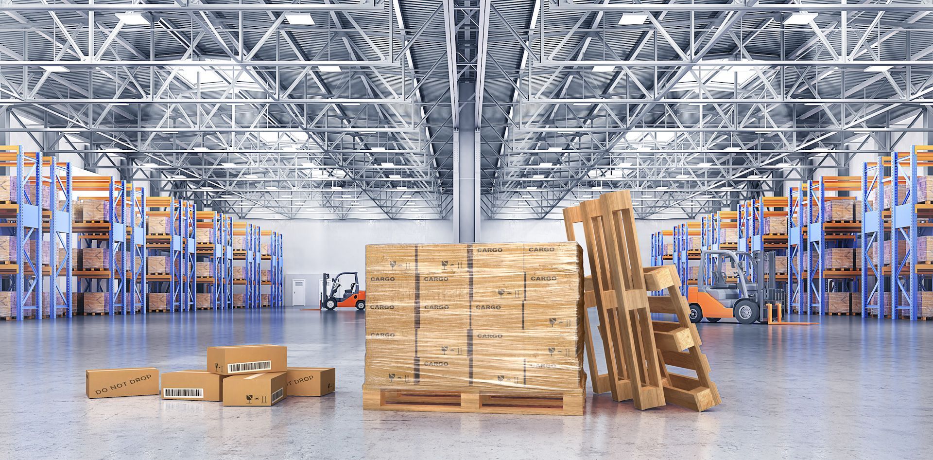 A warehouse filled with lots of wooden pallets and boxes.