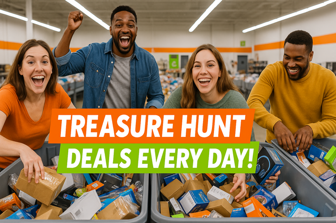 Four excited people in a store searching through bins for deals. Text reads: 