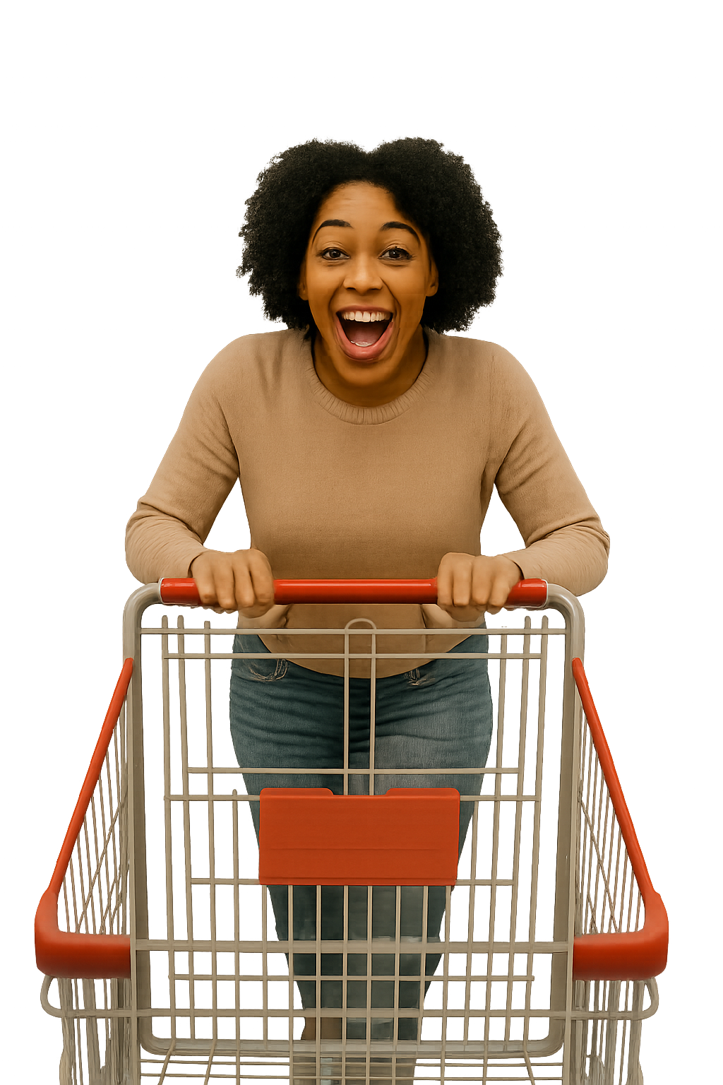 Excited woman pushing a shopping cart; she's smiling with her mouth open and looking at the viewer.