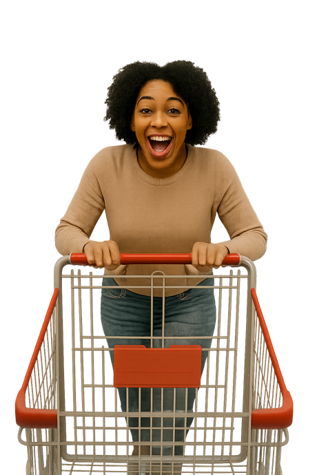 Excited woman pushing a shopping cart; she's smiling with her mouth open and looking at the viewer.