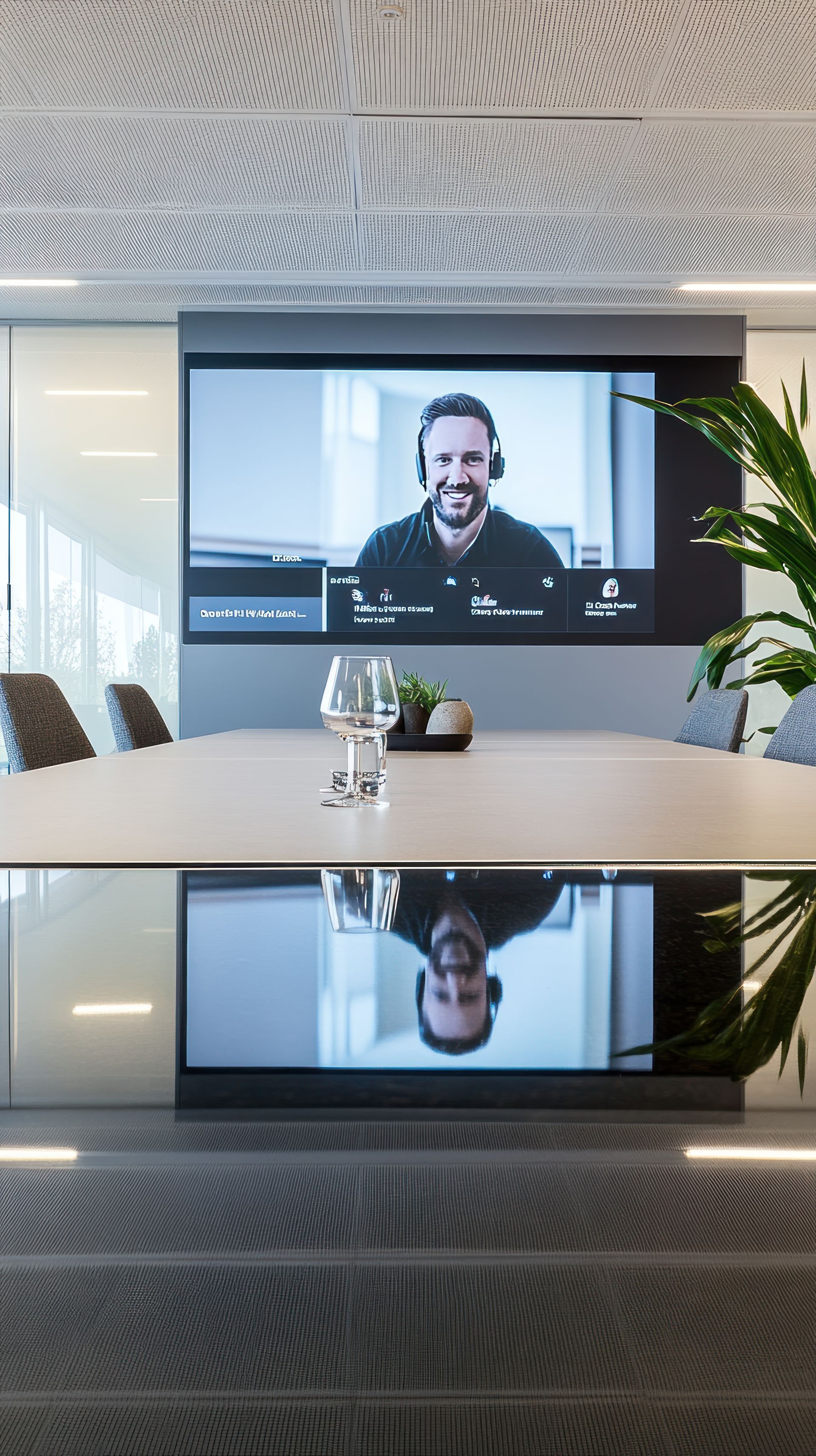 A conference room with a large screen on the wall and a man on a video call.