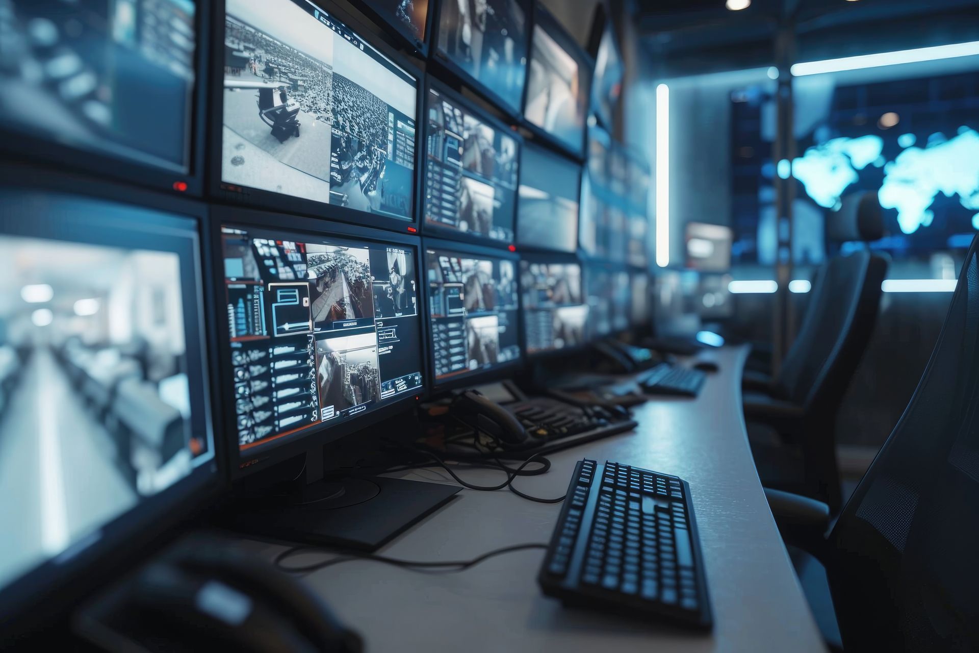 A row of computer monitors sitting on top of a desk in a control room.