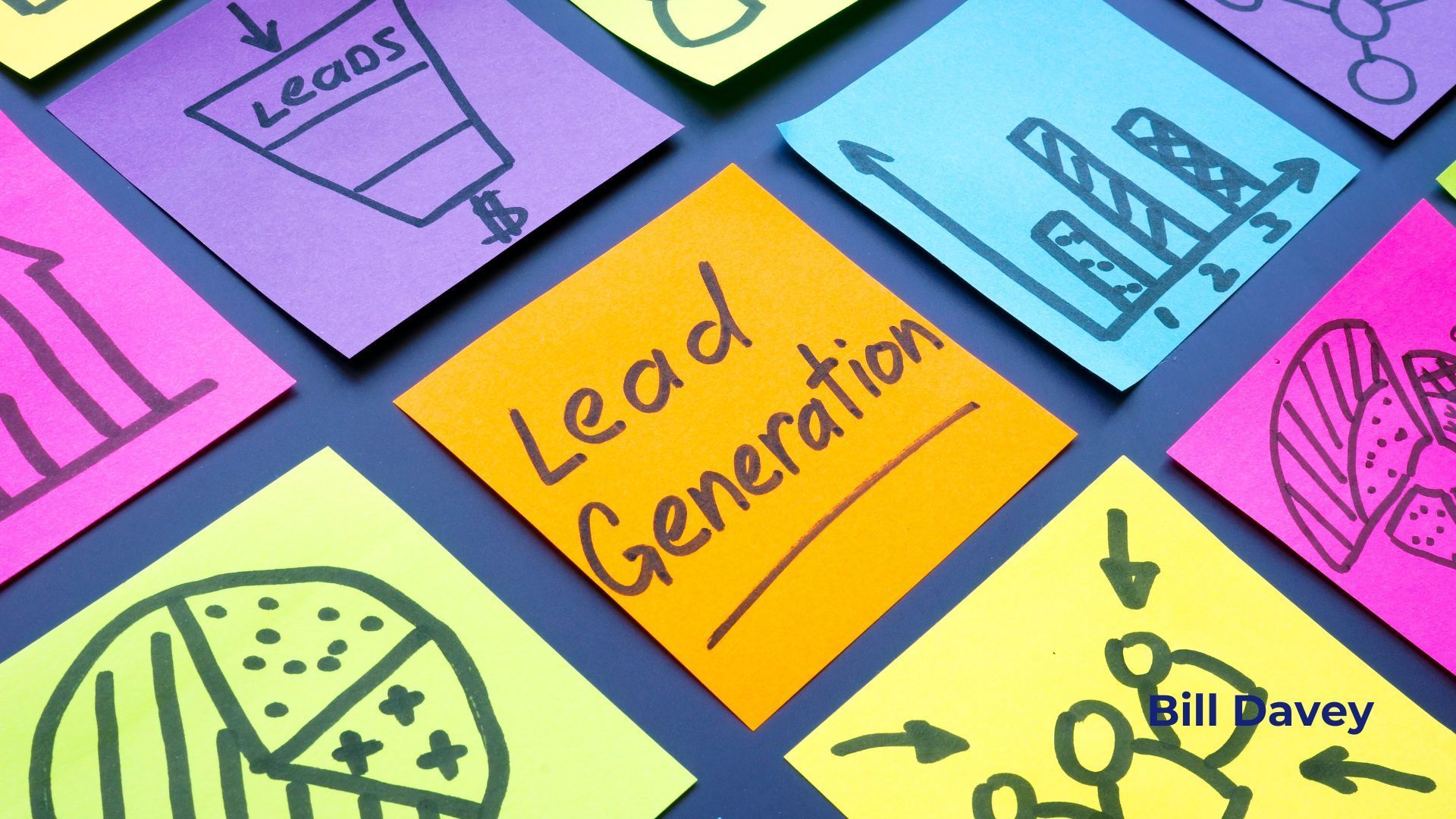 A bunch of sticky notes with one that says lead generation