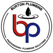 Burton Plumbing logo: Red "b" overlaps blue "p". Black water drop above rippled water. White circle, black text.
