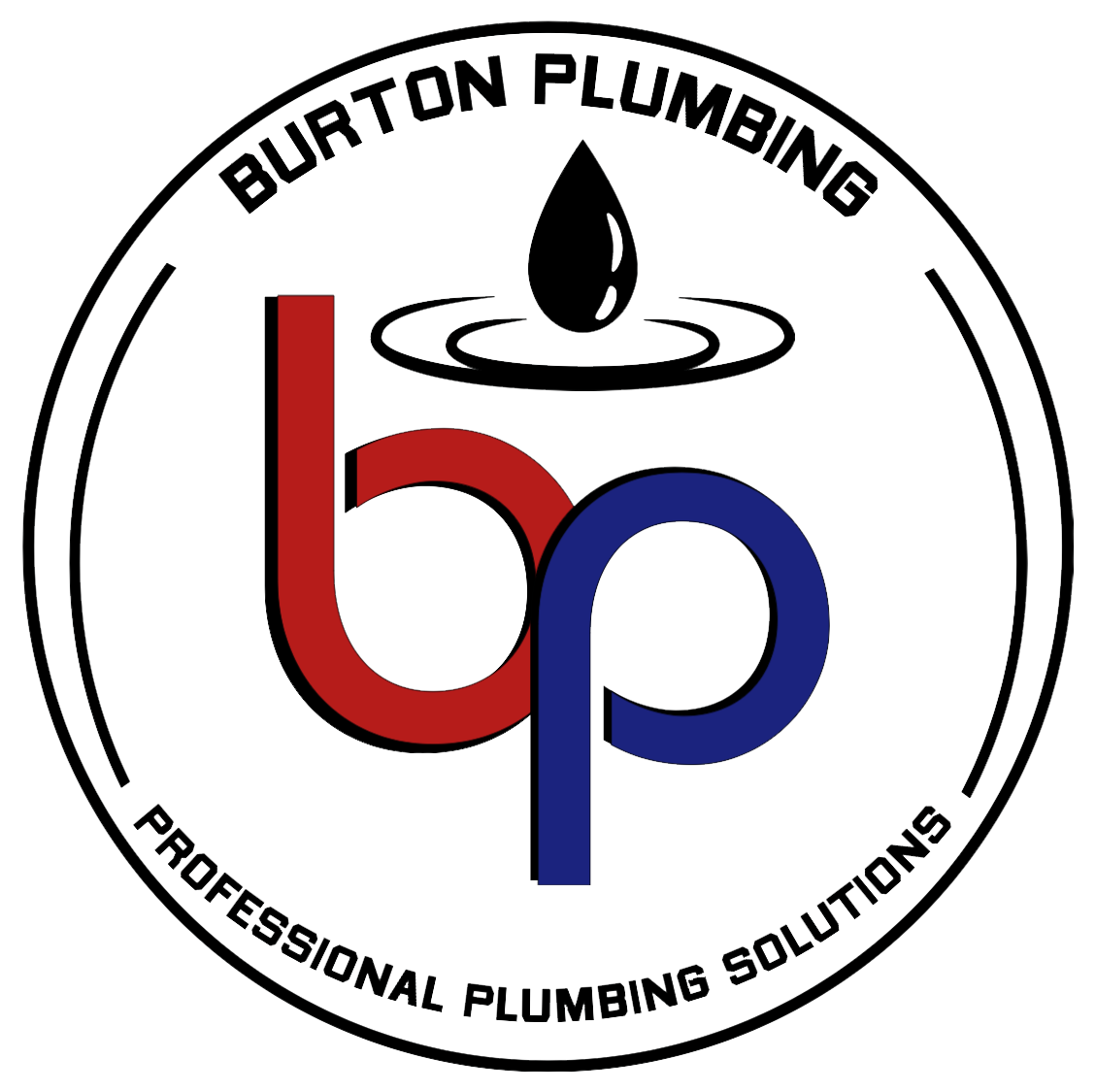 Burton Plumbing logo: Red "b" overlaps blue "p". Black water drop above rippled water. White circle, black text.