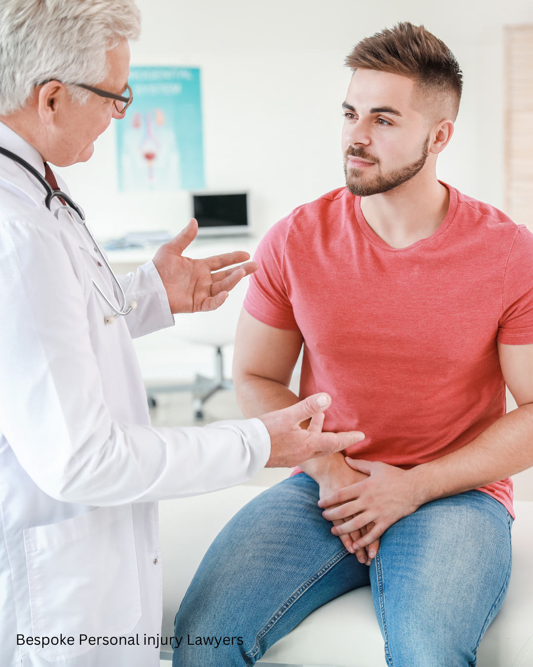 Doctor in white coat speaking with a patient wearing a red shirt and jeans in a medical office.