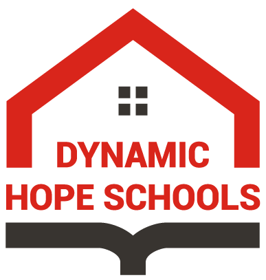 a logo for dynamic hope schools with a house and a book