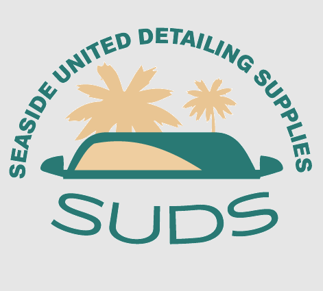 A logo for seaside united detailing supplies with a car and palm trees