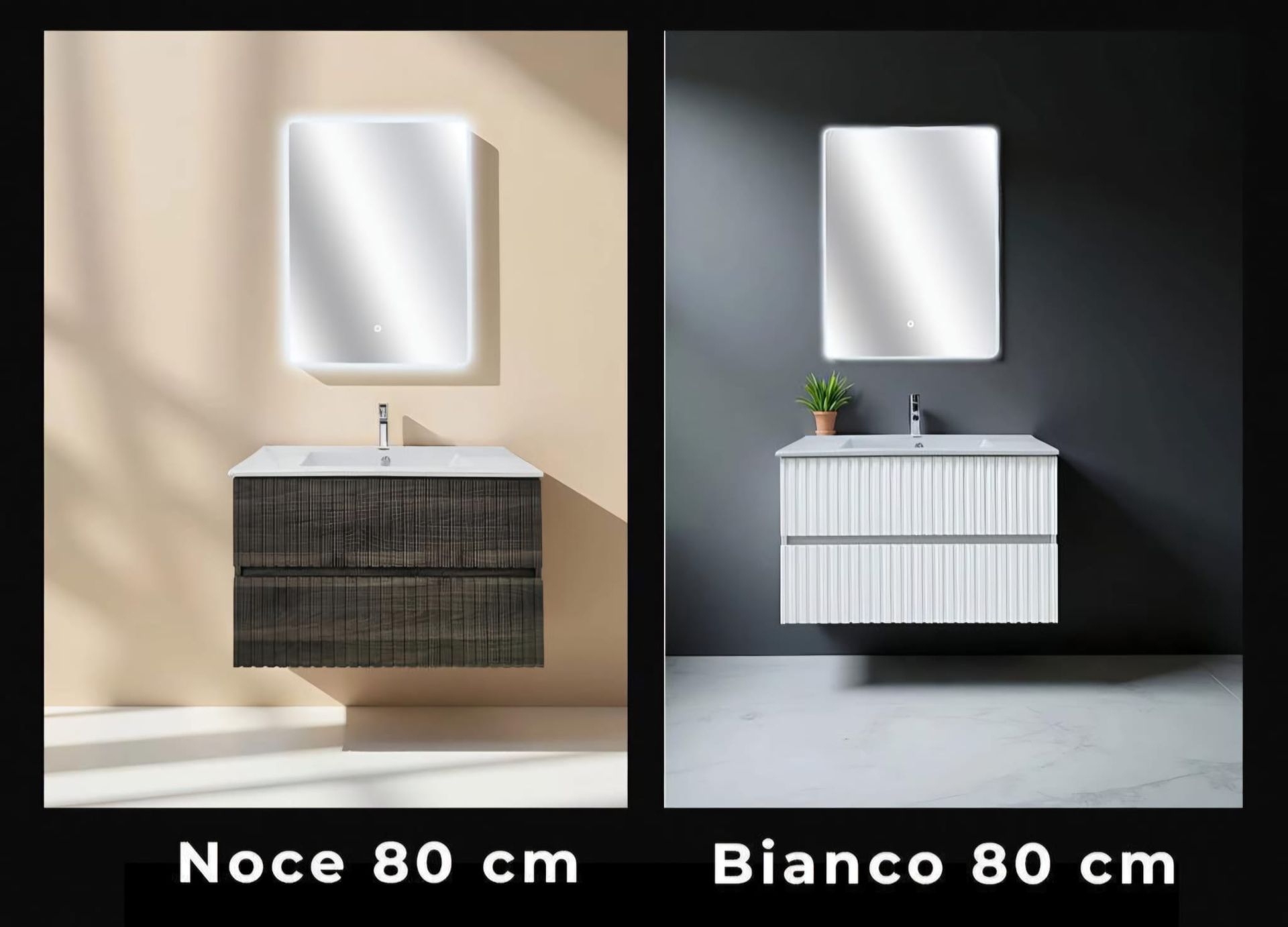Due mobili da bagno sospesi, uno in legno scuro e uno bianco, ciascuno con specchio abbinato e scritta 