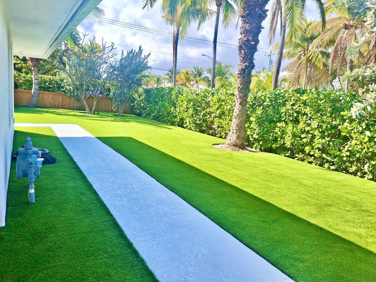 A white walkway leading to a lush green yard with palm trees.