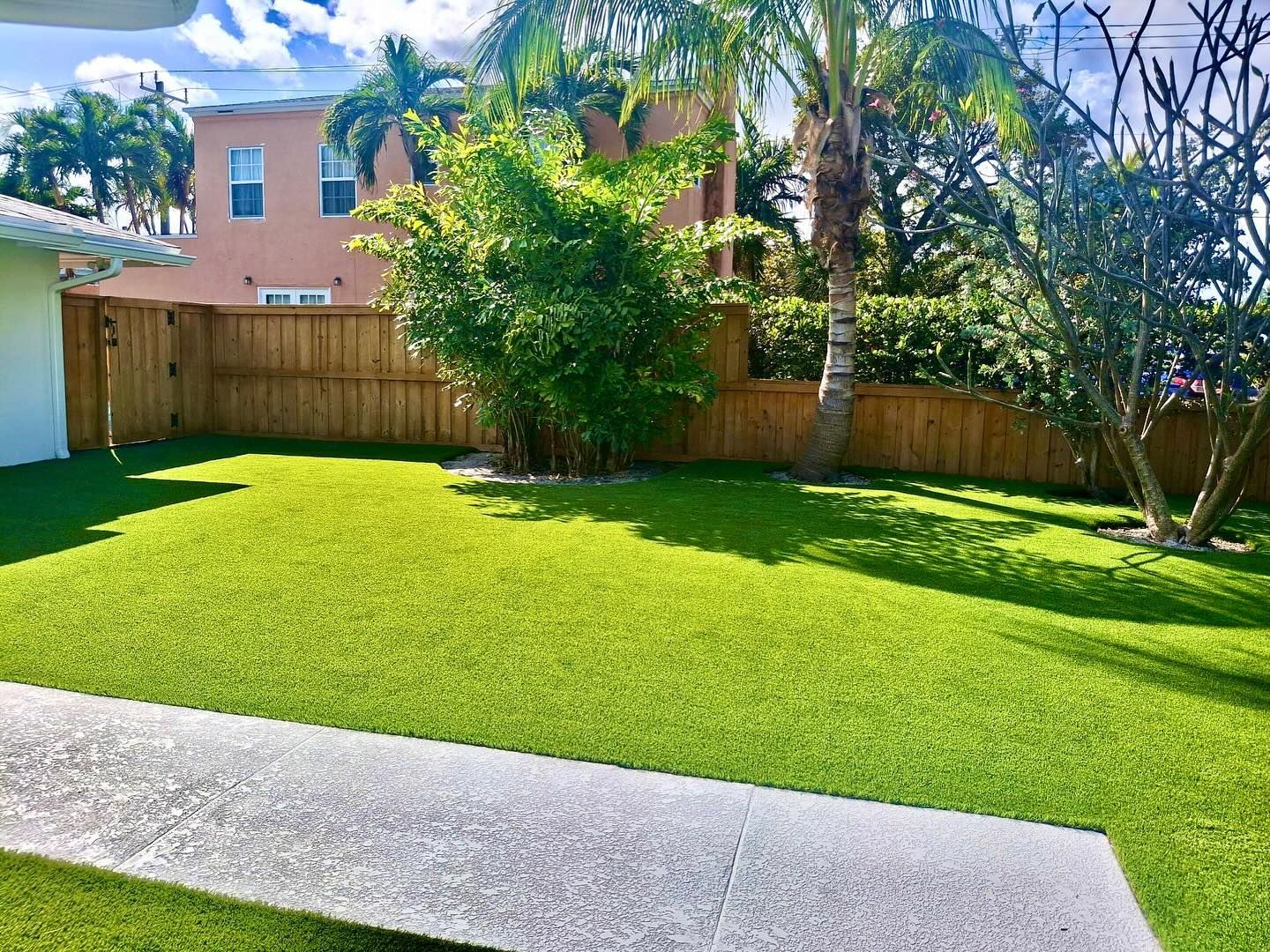 A lush green backyard with a wooden fence and trees