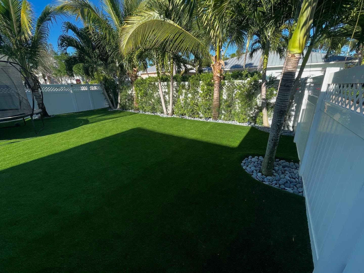 A lush green backyard with a white fence and palm trees.