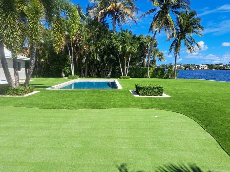 A lush green lawn with a pool and palm trees in the background.