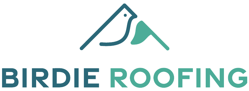 The logo for birdie roofing shows a bird on top of a mountain.