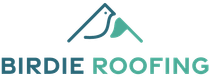 The logo for birdie roofing shows a bird on top of a mountain.