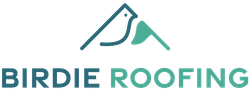 The logo for birdie roofing shows a bird on top of a mountain.
