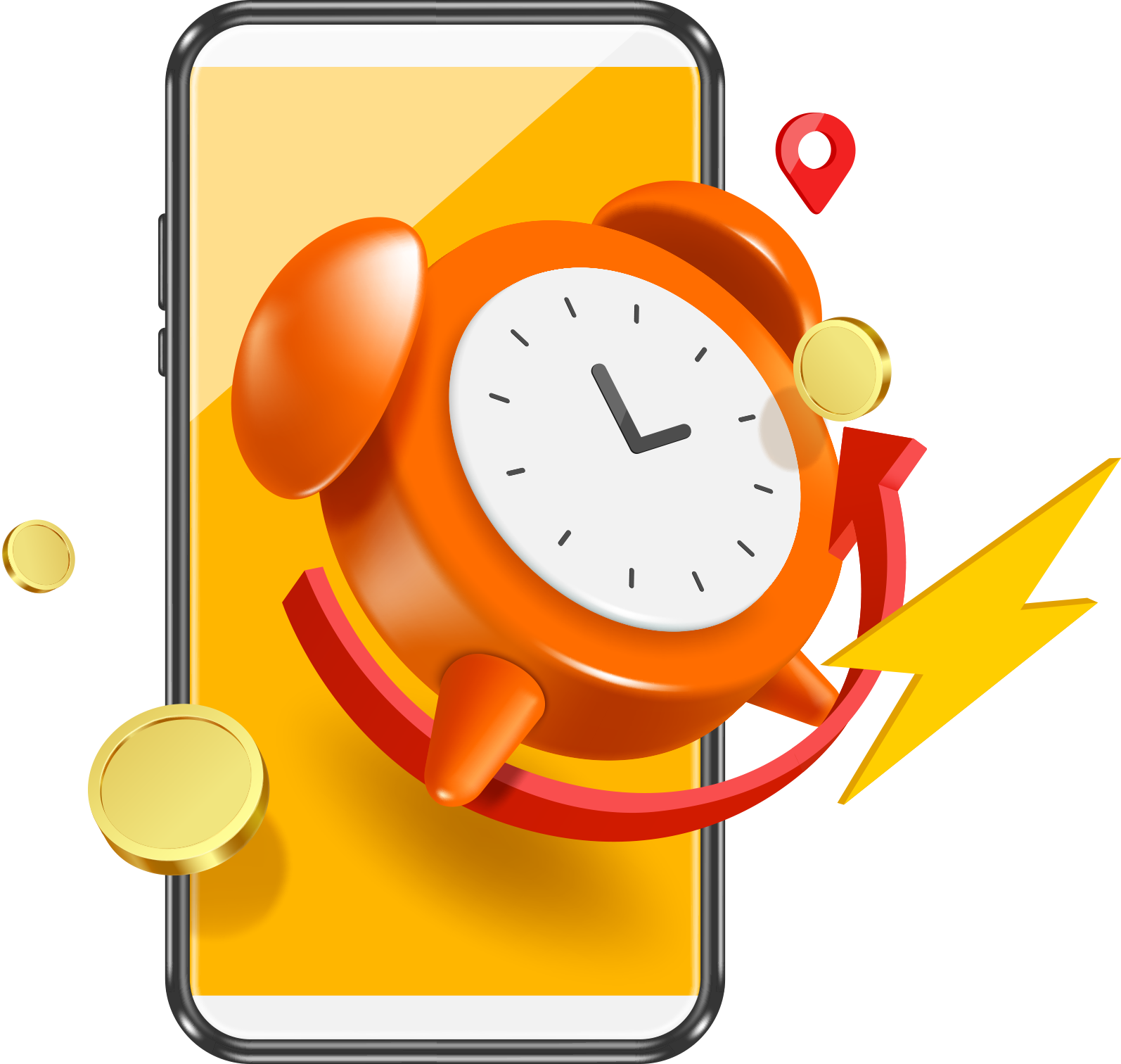 An orange alarm clock is sitting on top of a cell phone.