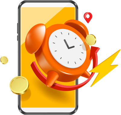 An orange alarm clock is sitting on top of a cell phone.