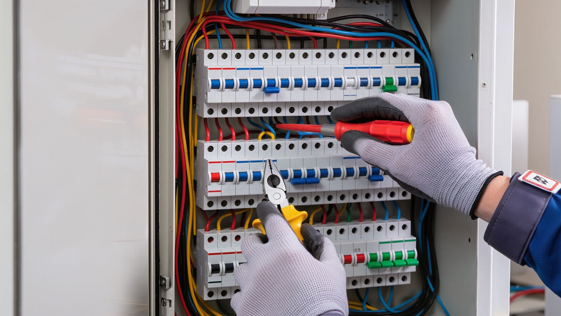 Gloved hands testing wiring in an electrical breaker panel with a screwdriver and multimeter probes.
